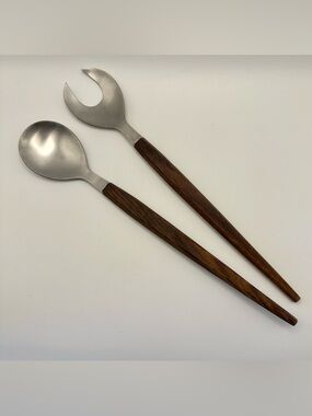 Salad Server Stainless Steel Solid Wood Handles MCM Japan Vtg Mid Century Modern